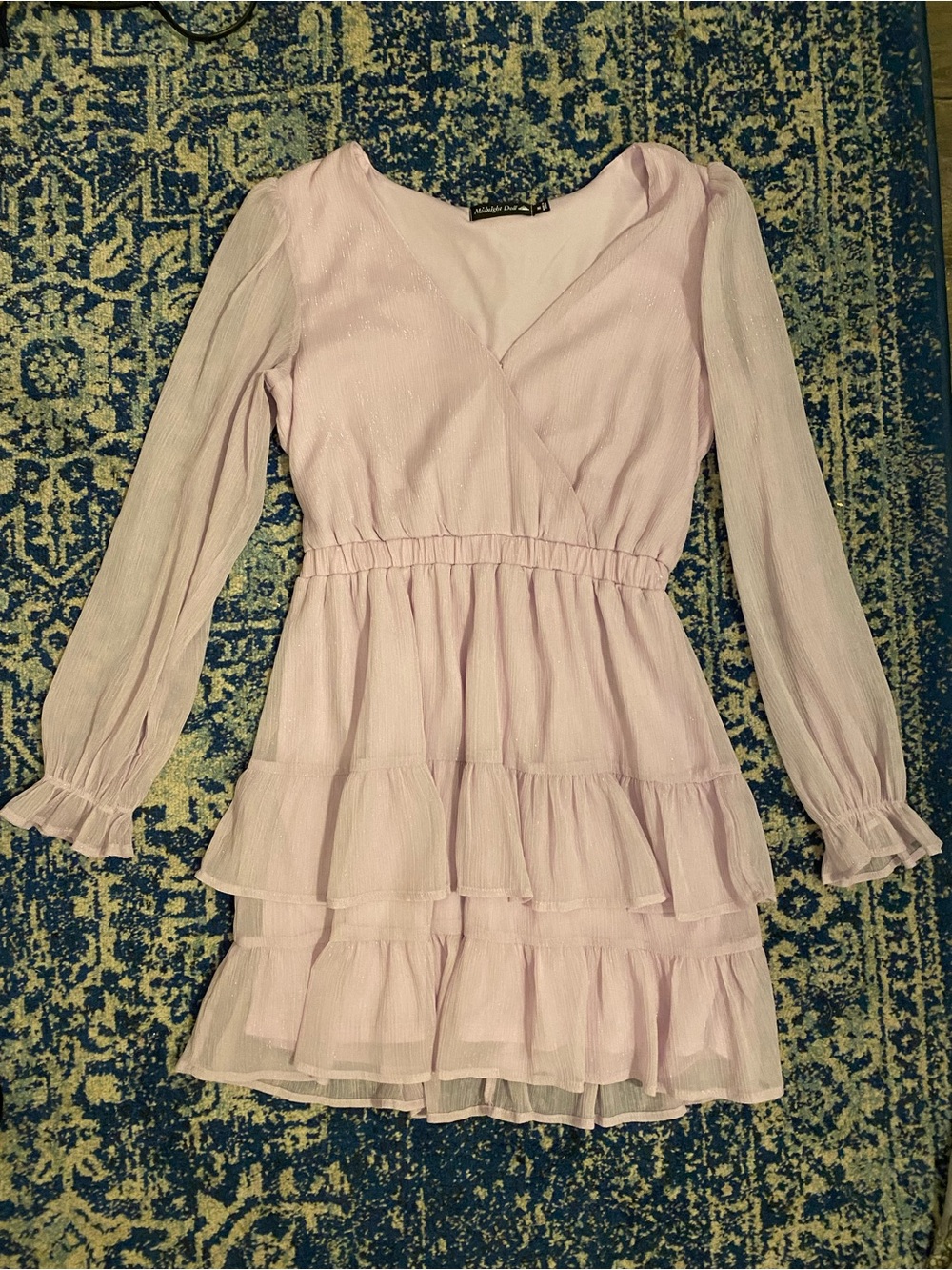Women's Light Purple Tiered Long-Sleeve V-Neck Dress